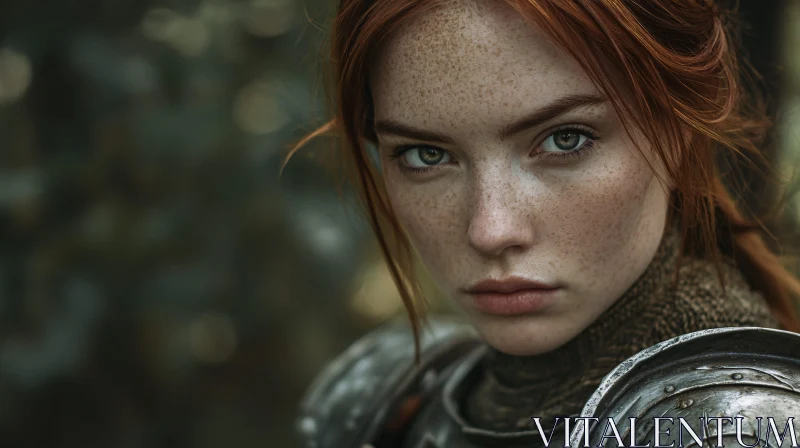 Red-haired Woman in Armor Stares Intently AI Image