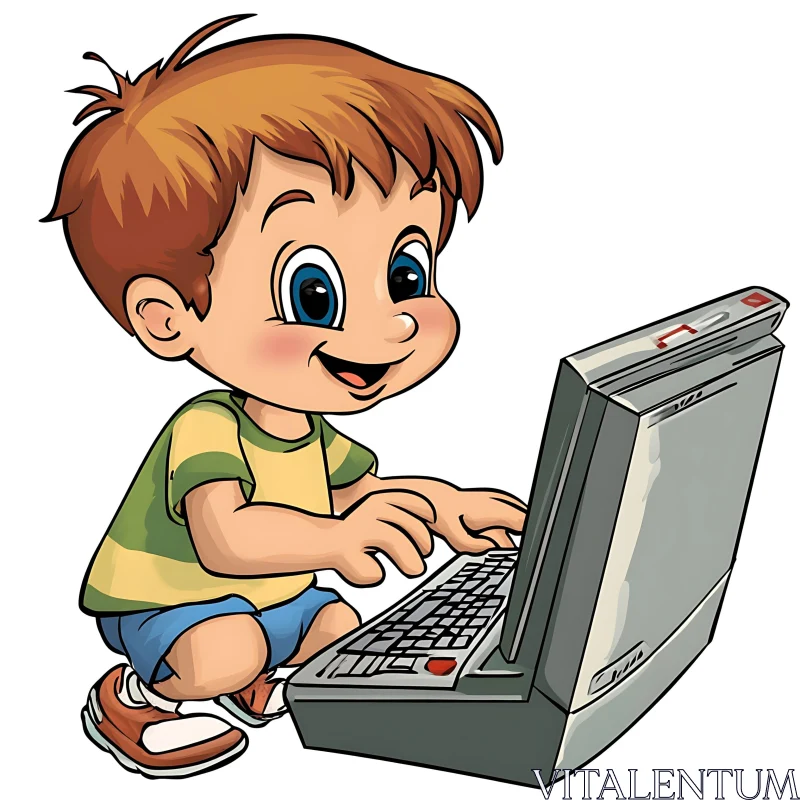 Cartoon Child with Laptop Illustration AI Image