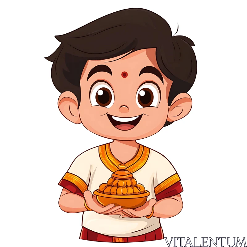 Traditional Boy Holding Sweets Cartoon AI Image