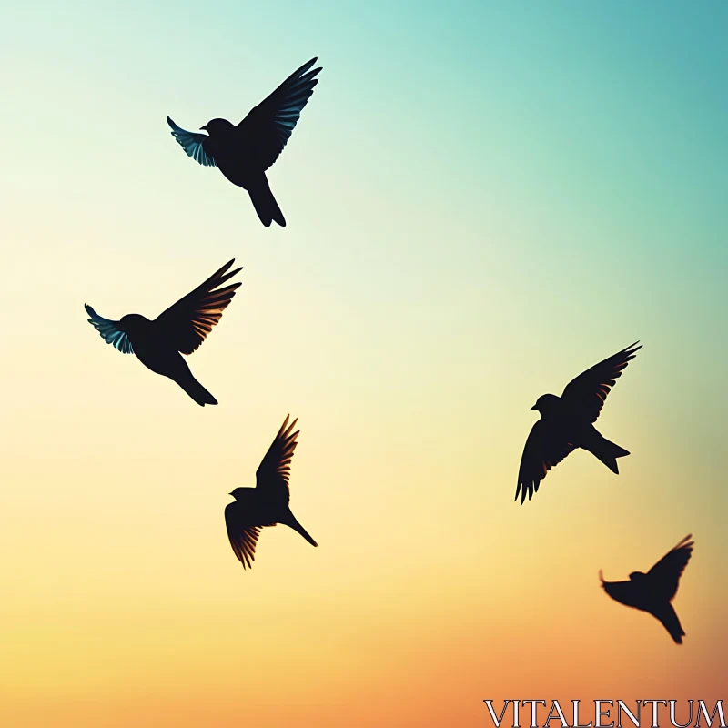 Silhouetted Birds Soaring at Dusk AI Image