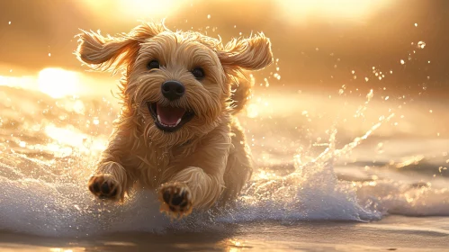 Happy Golden Puppy Splashing in the Shallow Beach Waters