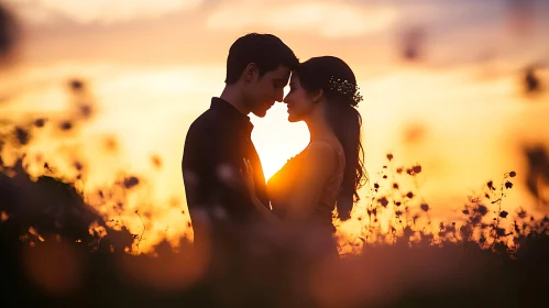 Silhouette of Couple in Love at Sunset