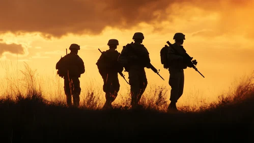 Silhouette of Soldiers at Sunset