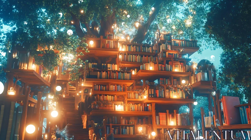 Whimsical Bookshelf Tree AI Image