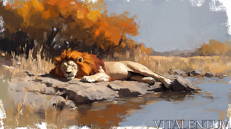 AI ART Lion Resting in Autumn Landscape