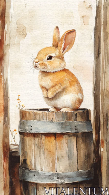 Fluffy Hare Perched on Rustic Barrel AI Image