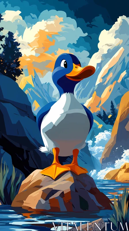 Duck on River Rock AI Image