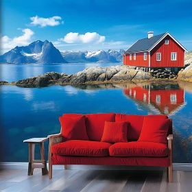 Living Room Interior with Red Couch and Scenic Wallpaper