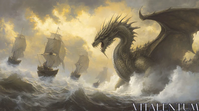 AI ART Sea Dragon Attack on Sailing Ships