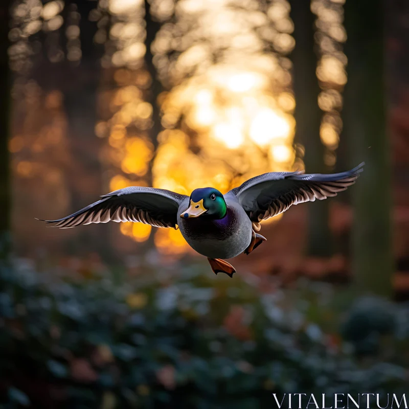 Mallard Duck Flying in the Woods AI Image