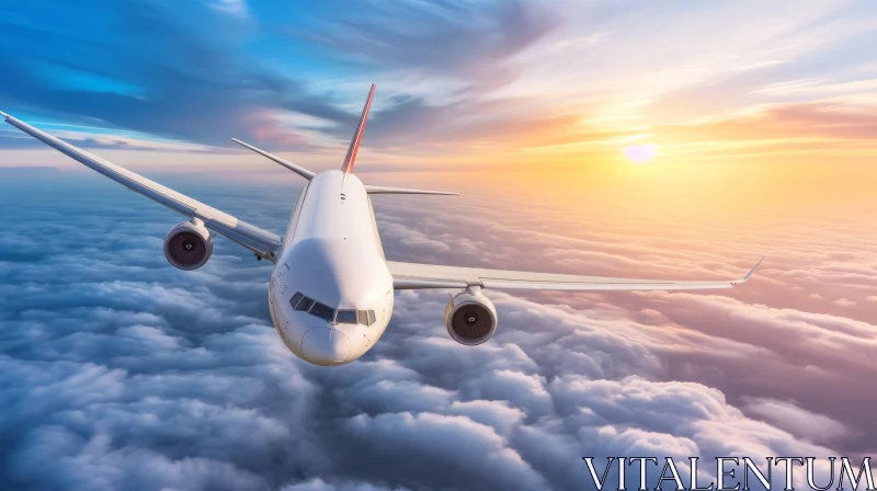 Airline Flying High Over Clouds with Blue Sky Background AI Image