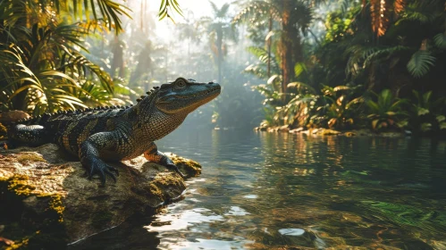 Alligator on a Rock in a Serene River - A Captivating Natural Image