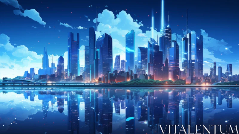 Anime Cityscape: A Luminous Night Over the Ocean AI Image