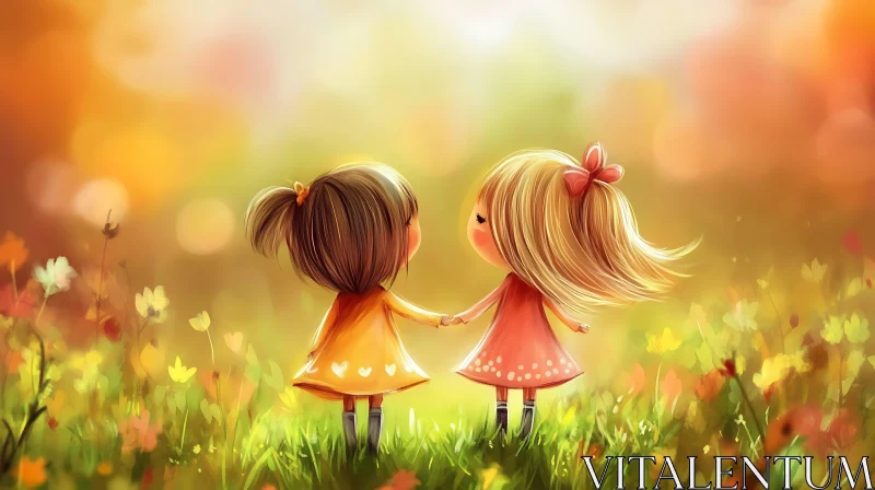 AI ART Girls Holding Hands in a Sunny Field