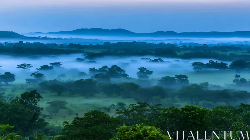 Tranquil Green Valley Under Morning Mist AI Image