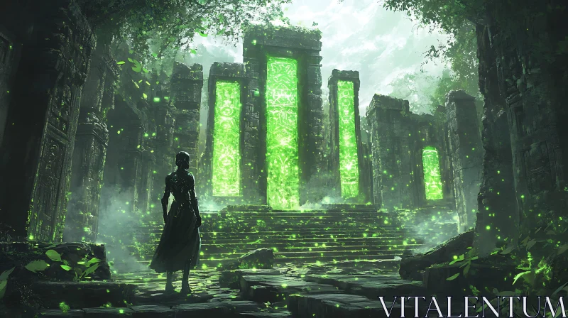 Ancient Ruins and Luminous Green Portals AI Image