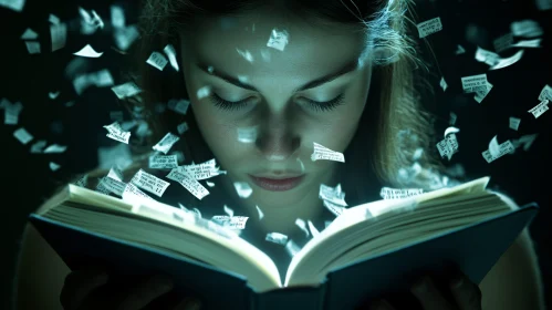 Woman Reading Book with Floating Pages