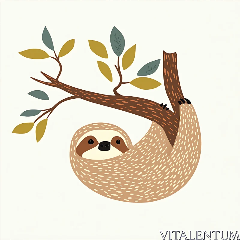 Adorable Sloth Cartoon on a Tree Branch AI Image