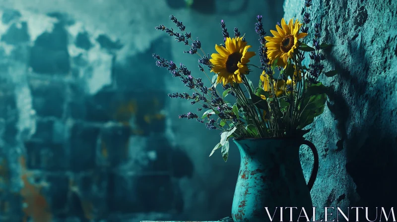 AI ART Vintage Vase with Sunflowers and Lavender