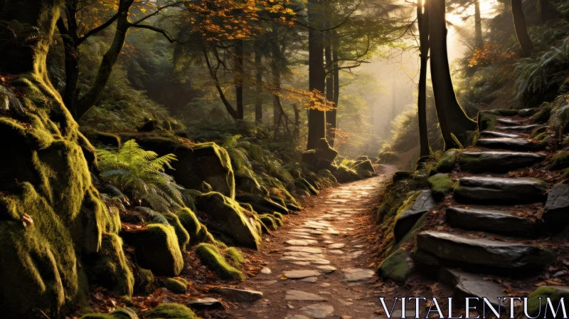 Enchanting Woodland Path: A Journey through Sunlit Rocks and Stones AI Image