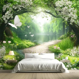 Peaceful Bedroom with Green Riverbank Mural and Butterflies