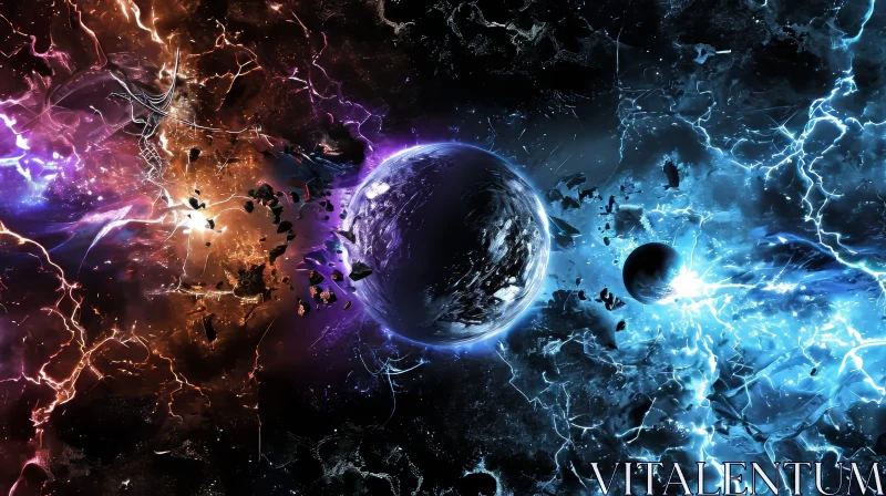 Universe/Galaxy Art: Powerful Energy Storm Engulfs Planets AI Image