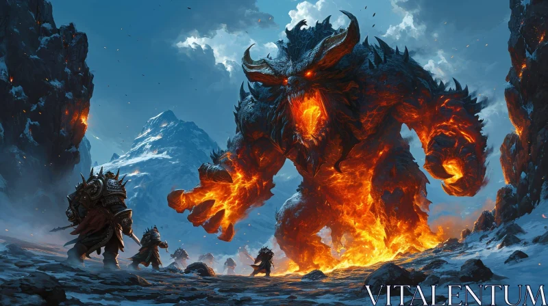 Intense Battle: Warriors vs Fire Demon in Snowy Mountain Pass AI Image