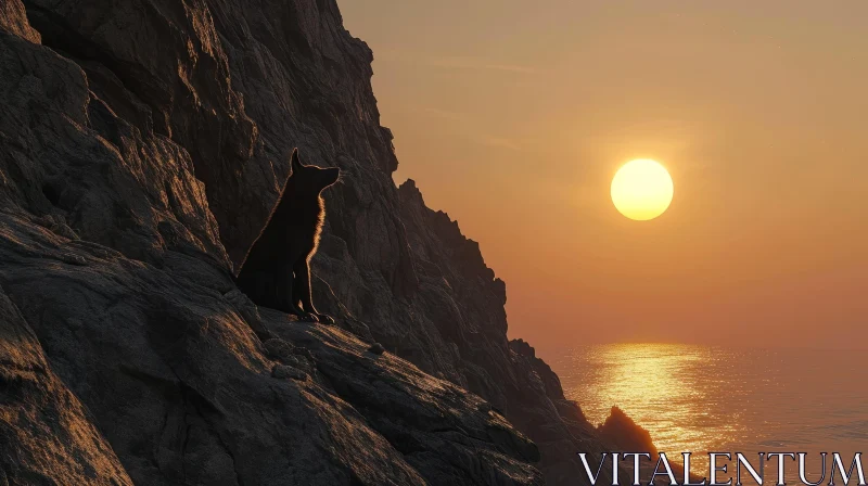 Majestic Sunset Landscape with Wolf Silhouette | Nature Art AI Image