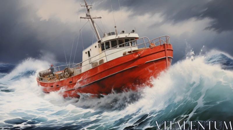 Red Boat Painting: Captivating Marine Illustration AI Image