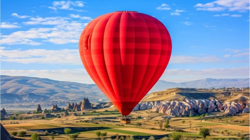 Sculpted Beauty: Red Hot Air Balloon in Soft Color Fields