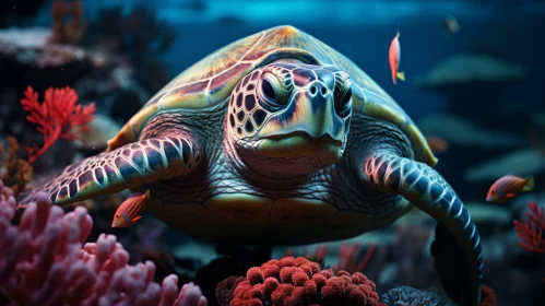 Sea Turtle Amid Corals: A Study in Bold Chromaticity