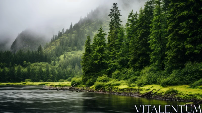 Serene River Amidst Lush Greenery and Enveloping Fog AI Image