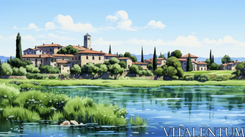 Serene River Village in Southern Countryside | Anime Art | Mediterranean Landscapes AI Image
