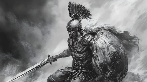 Grayscale Warrior with Sword and Shield