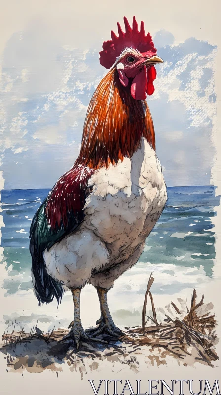 Rooster on the Beach AI Image