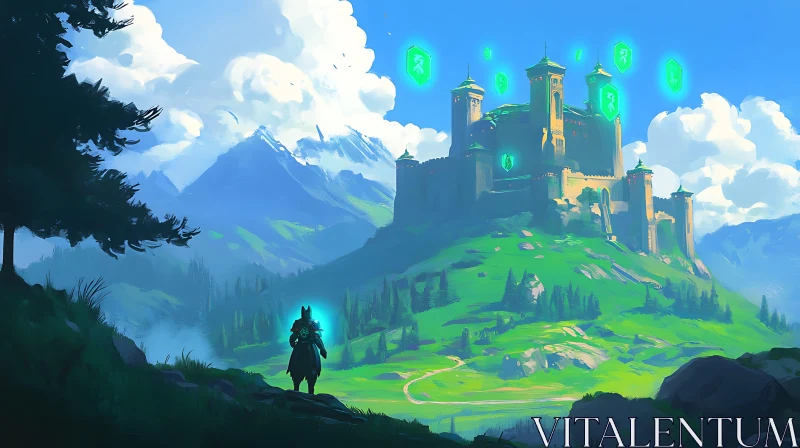 AI ART Green Hill Castle View with Glowing Warrior