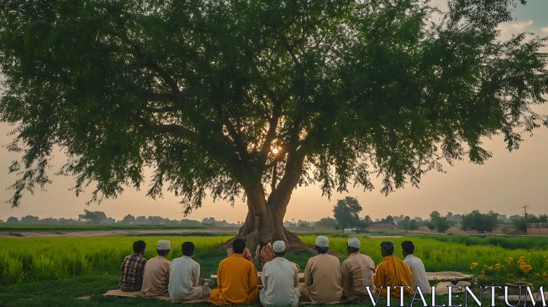 Sunset Meeting Beneath the Ancient Tree AI Image