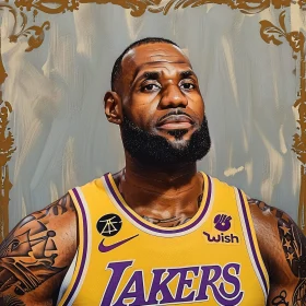 Detailed Portrait of LeBron James in Yellow Lakers Jersey