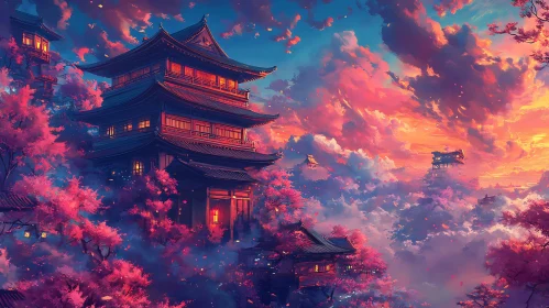 Tranquil Pagoda Scene with Blossoms