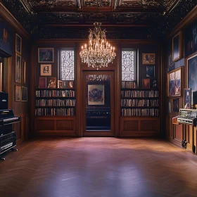 Opulent Library with Elegant Decor and Musical Equipment