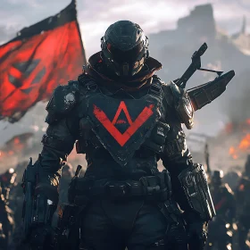 Futuristic Soldier with Red Flag