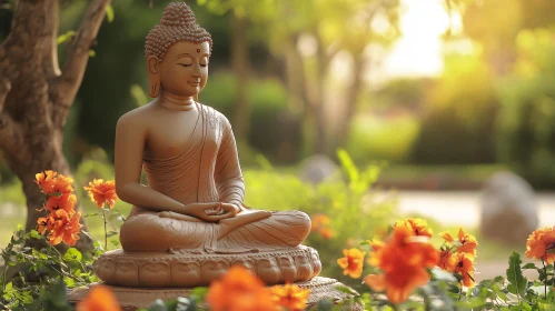 Meditating Buddha in a Garden of Flowers