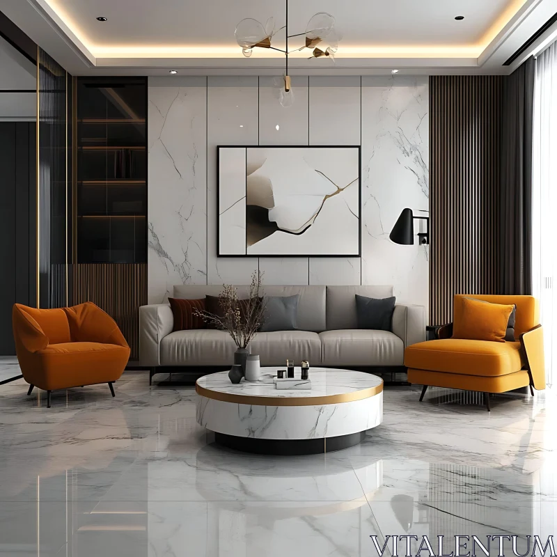 Contemporary Living Room Interior with Elegant Marble Design AI Image