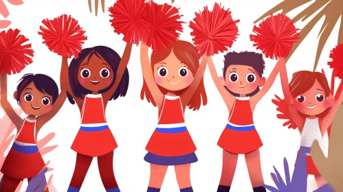 Cartoon Cheerleaders with Red Pom-poms