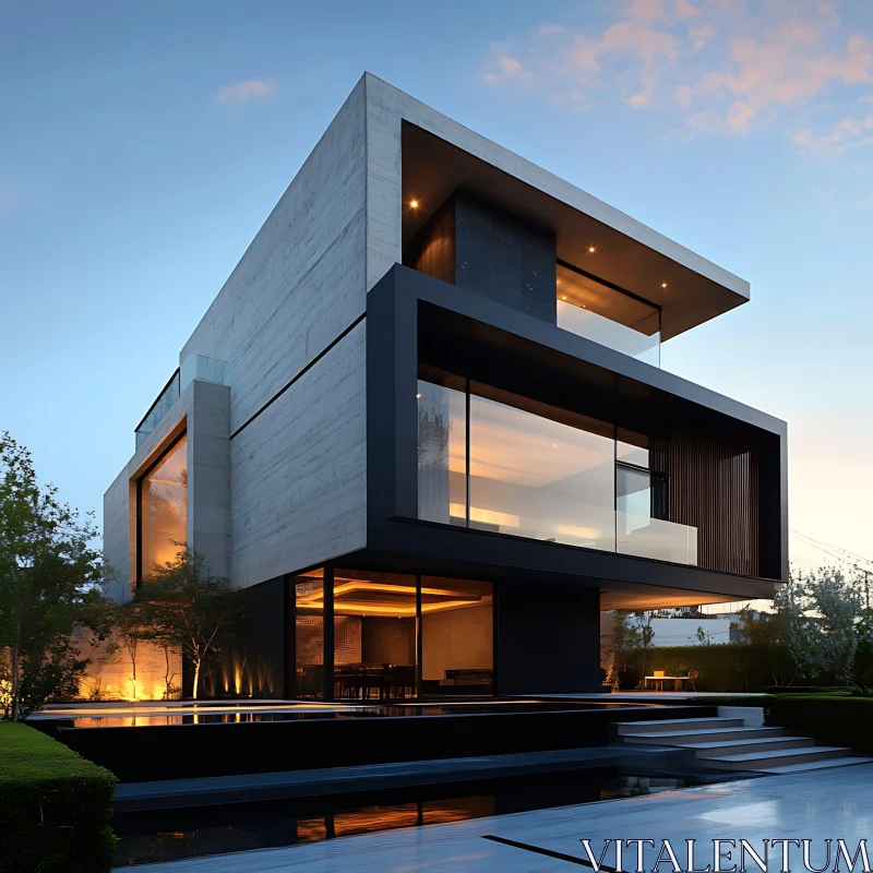 Contemporary Concrete Structure with Glass Facades at Sunset AI Image