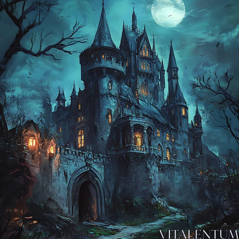 Moonlit Gothic Castle Digital Painting AI Image