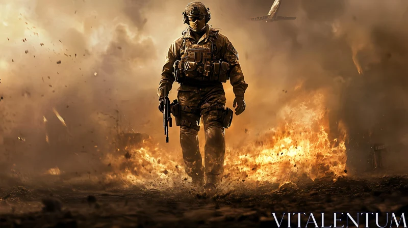 Soldier Walking Through Fire and Smoke AI Image