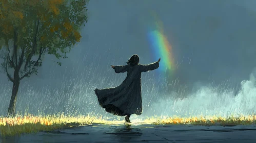 Figure in Rain with Rainbow