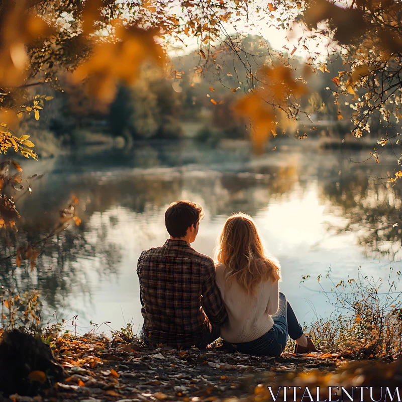 Lake view with a couple in autumn AI Image