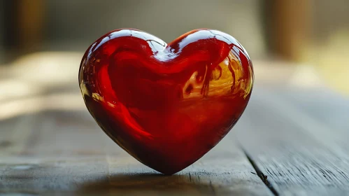 Red Heart Object on Wooden Table